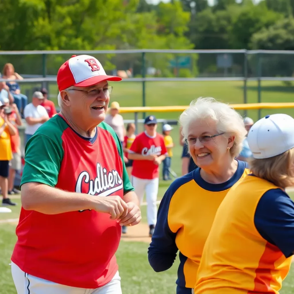 Players showing sportsmanship during senior softball game at Brahan Spring Park.