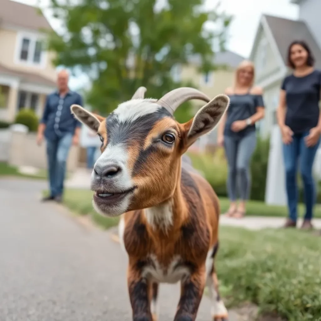 A young goat adventurous in a Huntsville neighborhood
