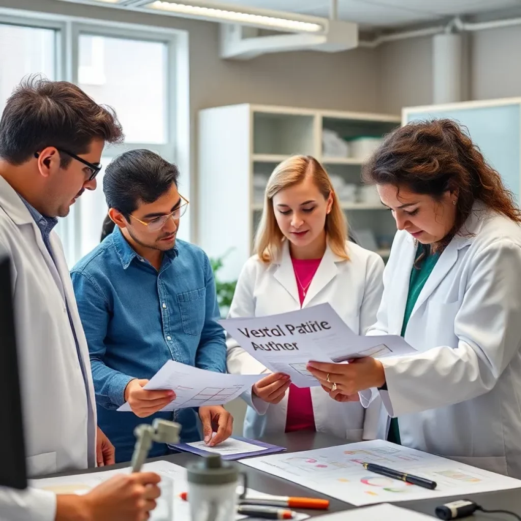 Scientists collaborating on autism research in a lab setting