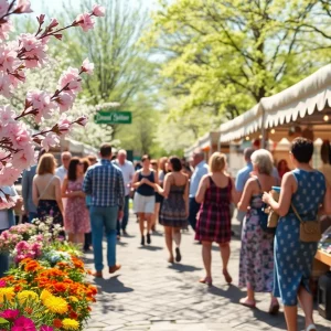 People enjoying spring festivals in Huntsville with blooming flowers.
