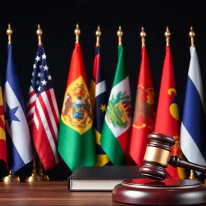 Diverse state flags and legal books representing a coalition against tariffs.