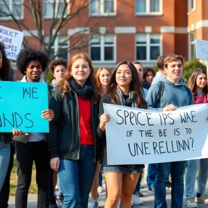 Students protesting for a detained peer outside the University of Alabama.