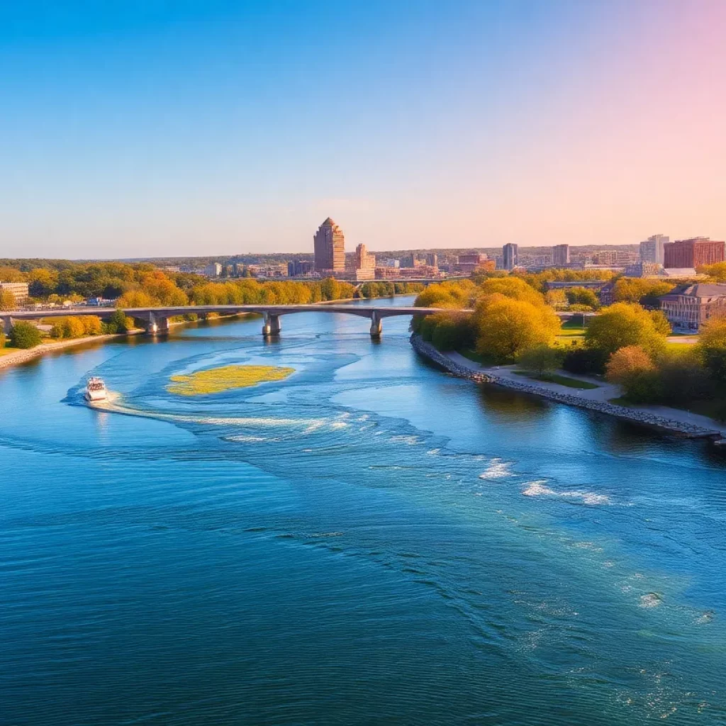 The Tennessee River flowing through Huntsville, featuring lush greenery and a blue sky.