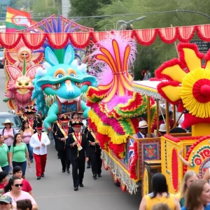 Colorful floats and marching bands at the Tucson Rodeo Parade
