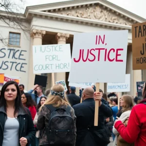 Protesters gathering outside a federal courthouse in Tuscaloosa, advocating for justice for an Iranian scholar.