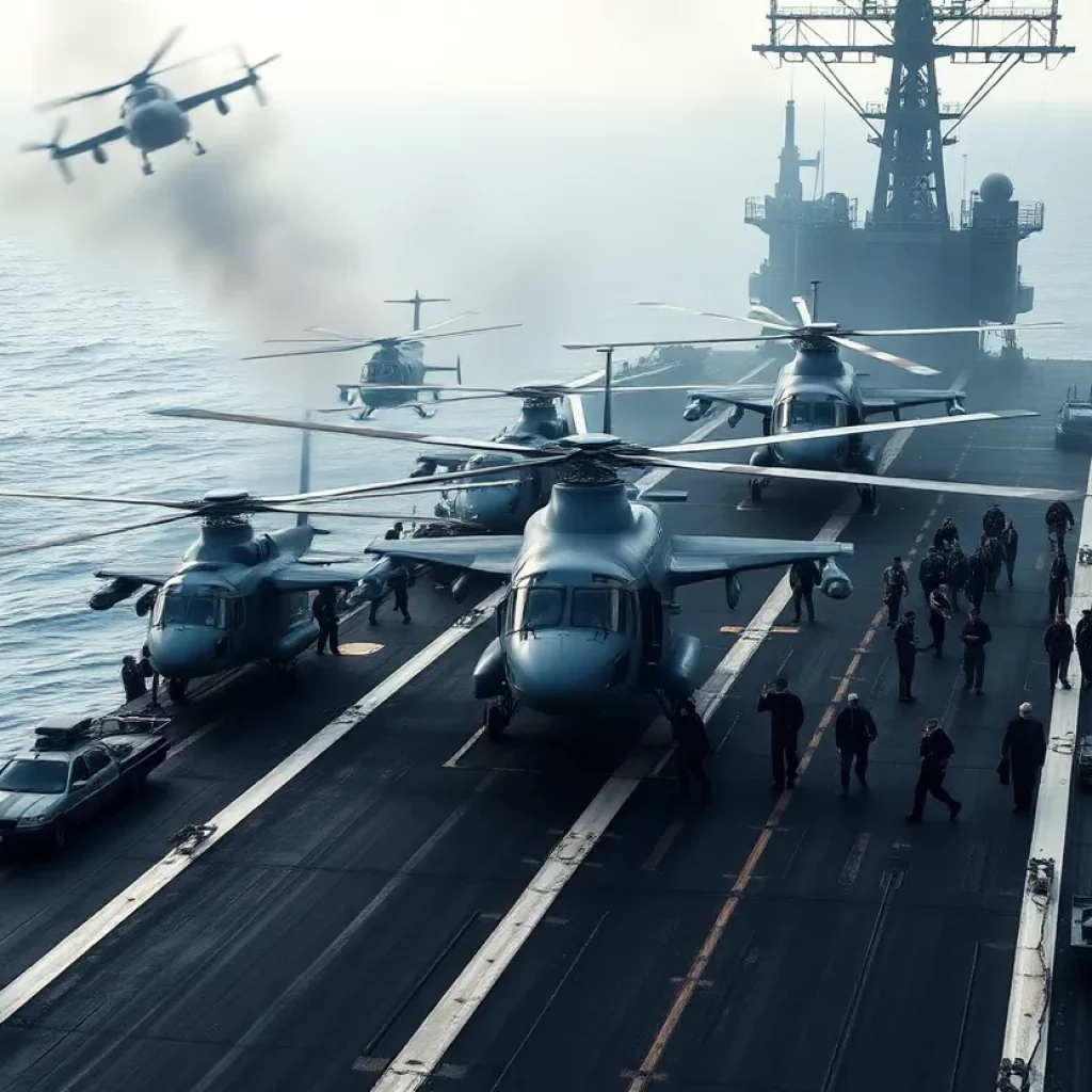 US Navy aircraft carrier clearing deck during evacuation