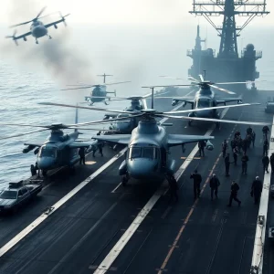 US Navy aircraft carrier clearing deck during evacuation