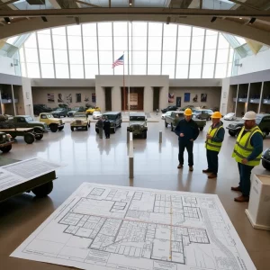 U.S. Veterans Memorial Museum with construction plans and military exhibits.
