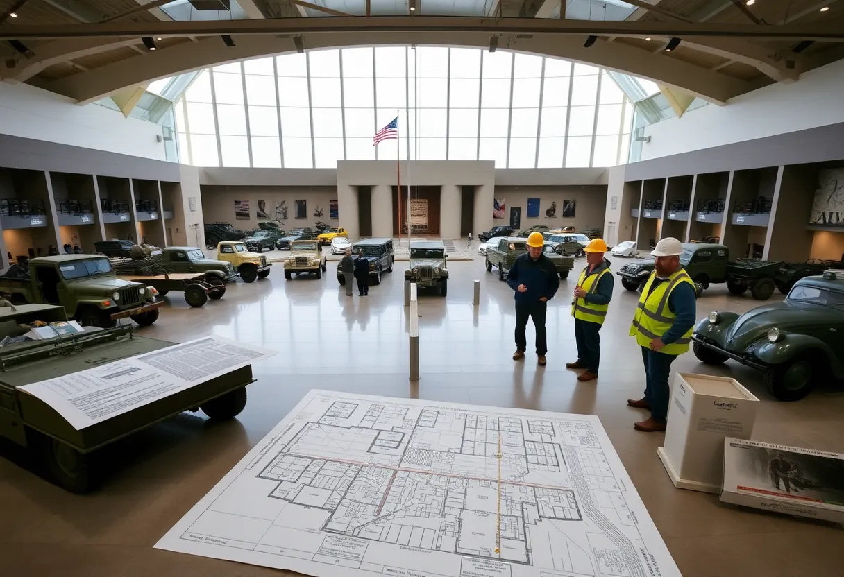 U.S. Veterans Memorial Museum with construction plans and military exhibits.