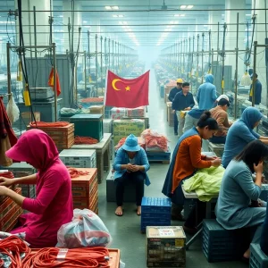 Factory workers in Vietnam showing concern over economic uncertainty due to US tariffs.