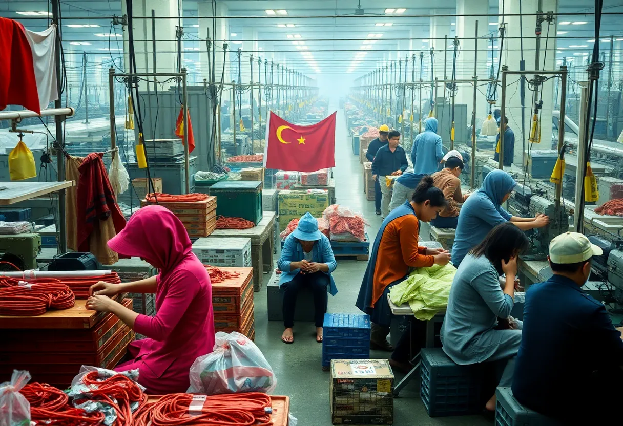 Factory workers in Vietnam showing concern over economic uncertainty due to US tariffs.
