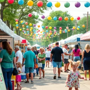 Families enjoying a community festival in Huntsville with art and food activities.