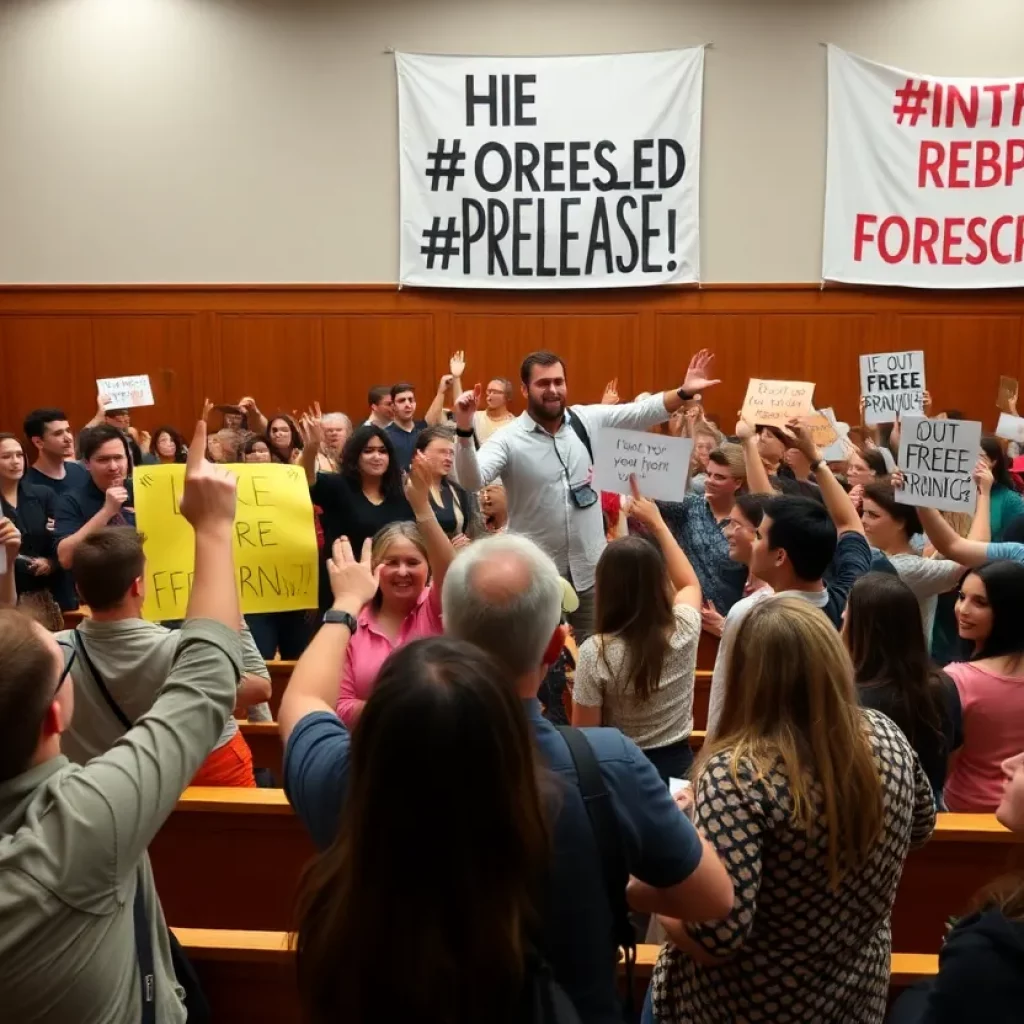 Supporters celebrating the release of an activist in a courtroom.