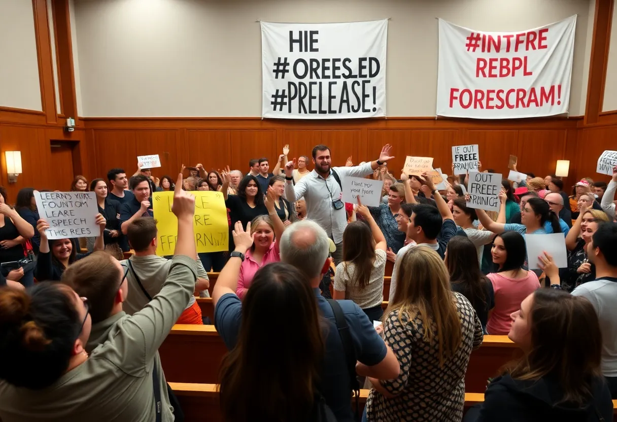 Supporters celebrating the release of an activist in a courtroom.