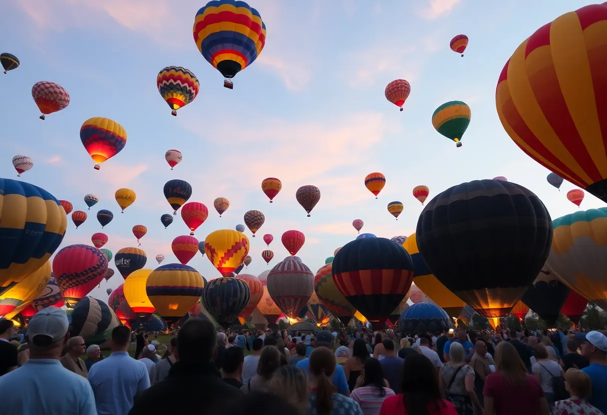 Hot air balloons soaring in the sky at the Alabama Jubilee Hot Air Balloon Classic.