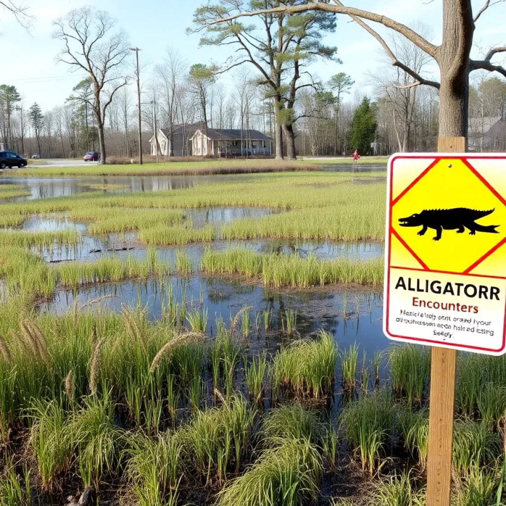 A caution sign about alligators in a wetland area