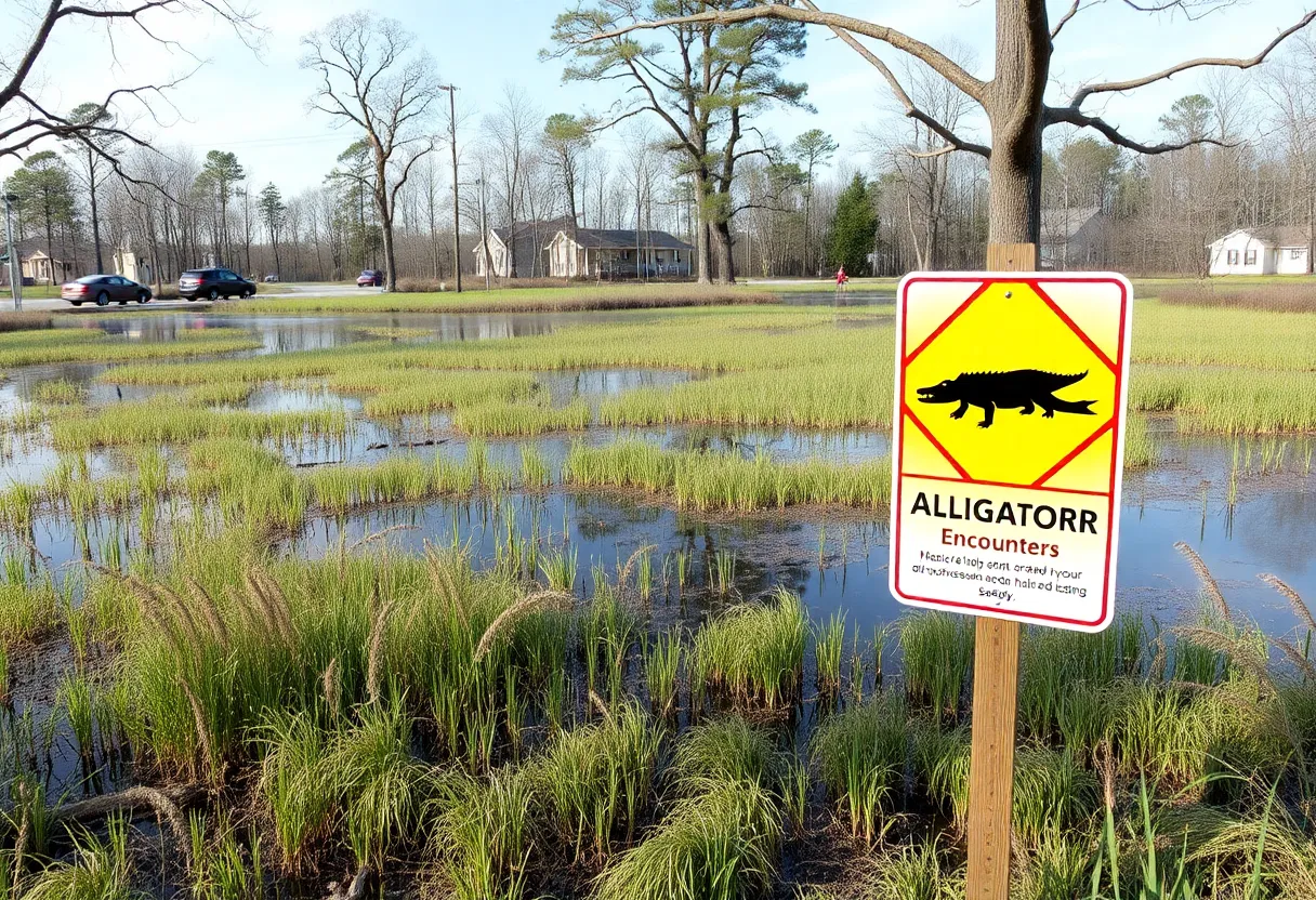 A caution sign about alligators in a wetland area