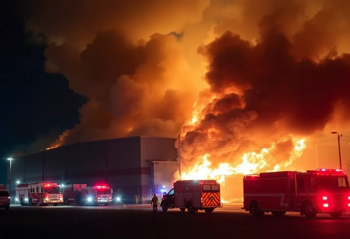 Firefighters battling a large fire at a mattress warehouse