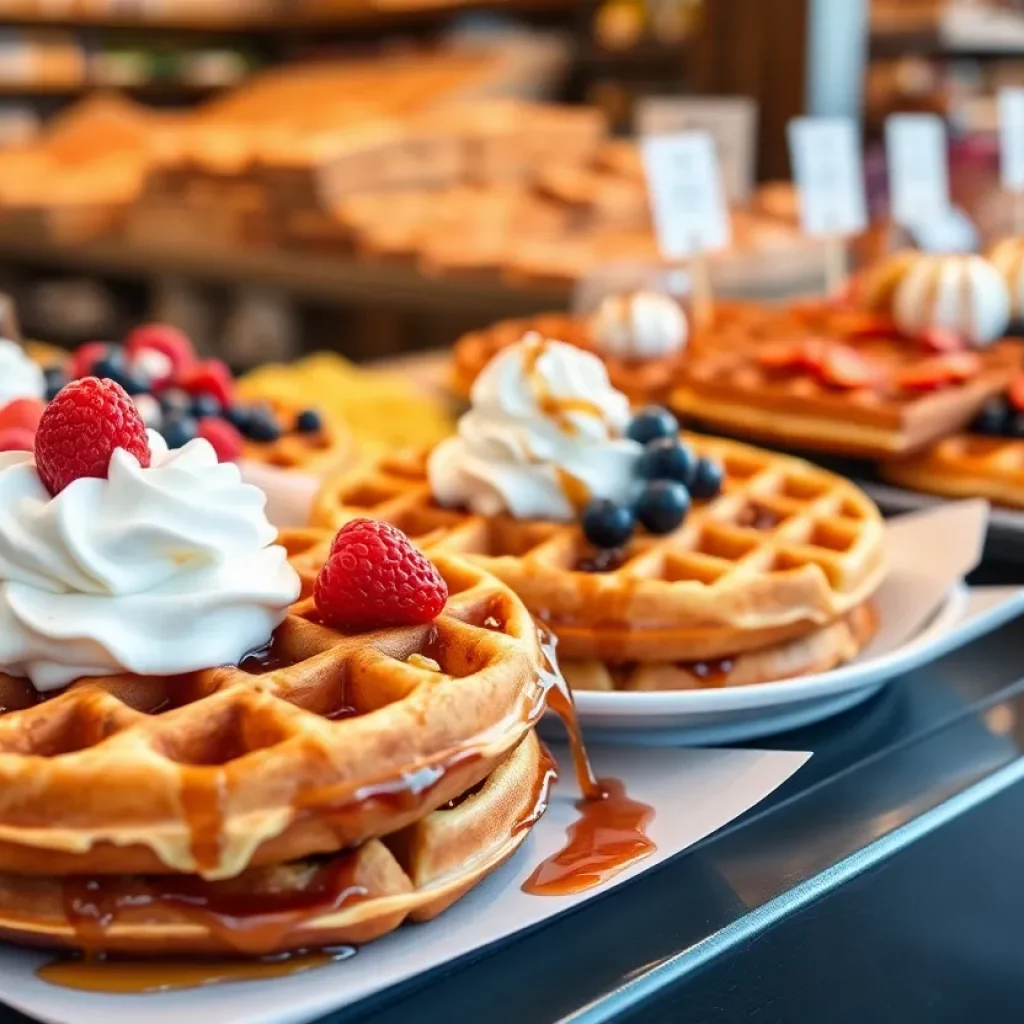 Freshly made Belgian Liege waffles with toppings