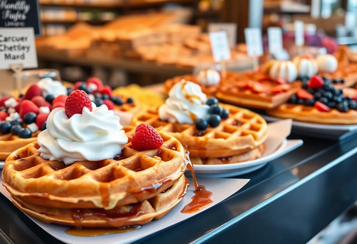 Freshly made Belgian Liege waffles with toppings