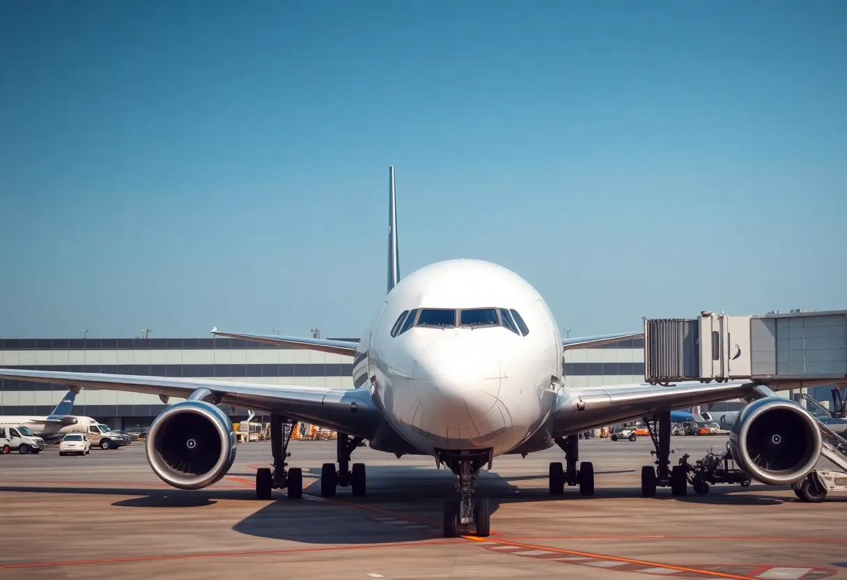 Boeing 737 Max aircraft parked at an airport with a focus on safety measures