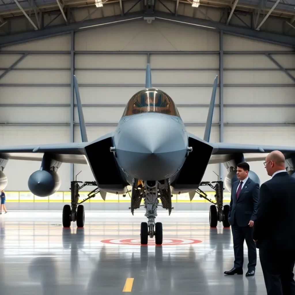 Boeing 747 in a military hangar with officials discussing acquisition details.