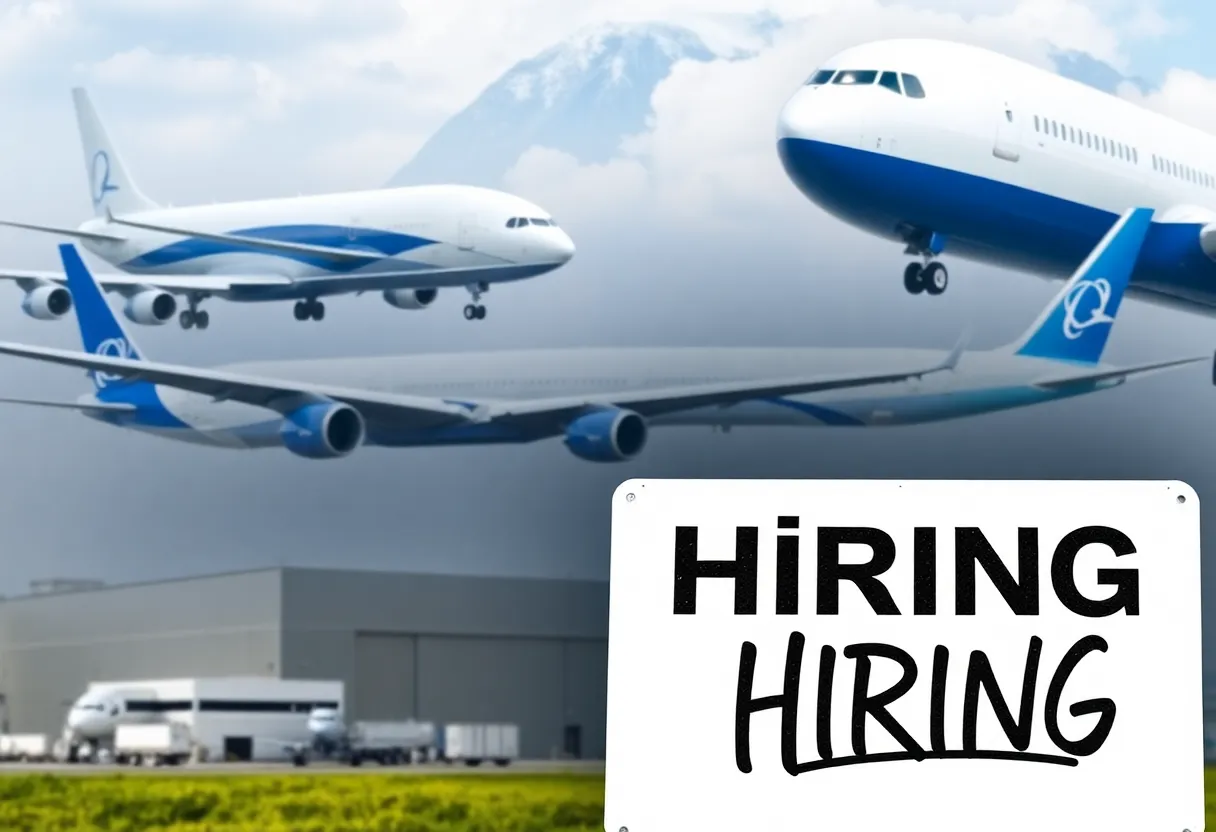Boeing aircraft in factory setting with signs of layoffs.
