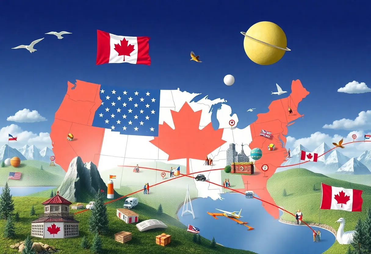 Conceptual illustration of Canada as the 51st state with cultural and economic elements.