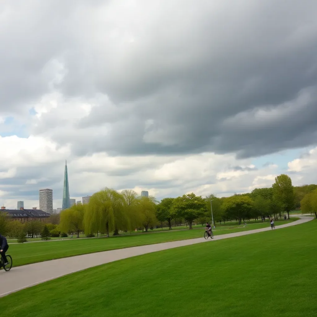 A image depicting a city park with a focus on cycling paths amidst cloudy weather.