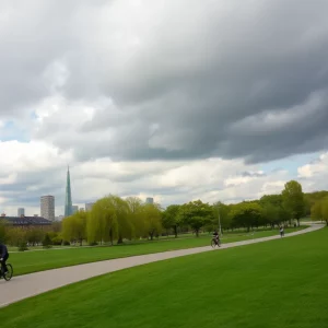 A image depicting a city park with a focus on cycling paths amidst cloudy weather.