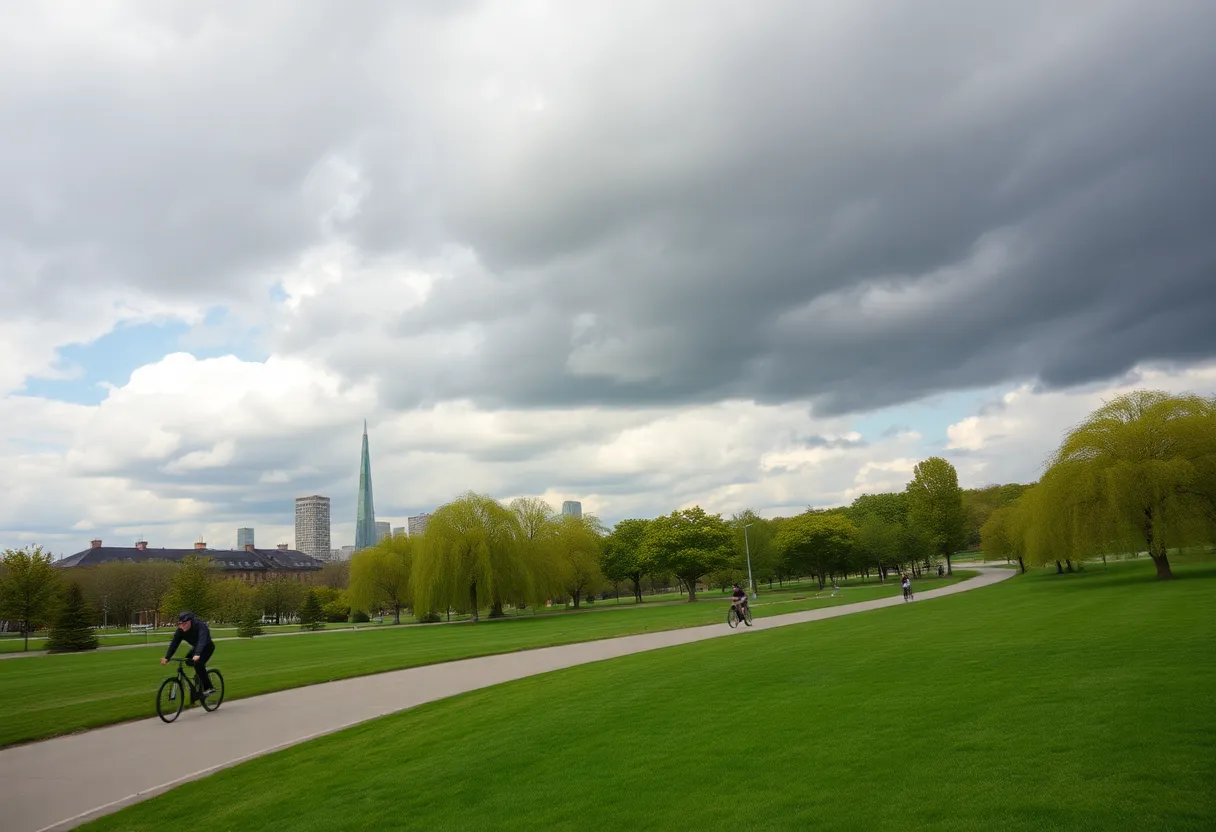 A image depicting a city park with a focus on cycling paths amidst cloudy weather.