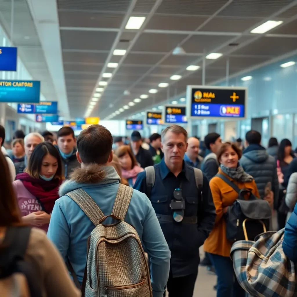 Customs agents interacting with travelers at Chicago O'Hare Airport