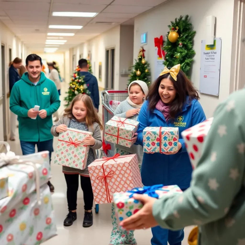 Volunteers delivering gifts at Huntsville Hospital for Women & Children during Christmas in May event.