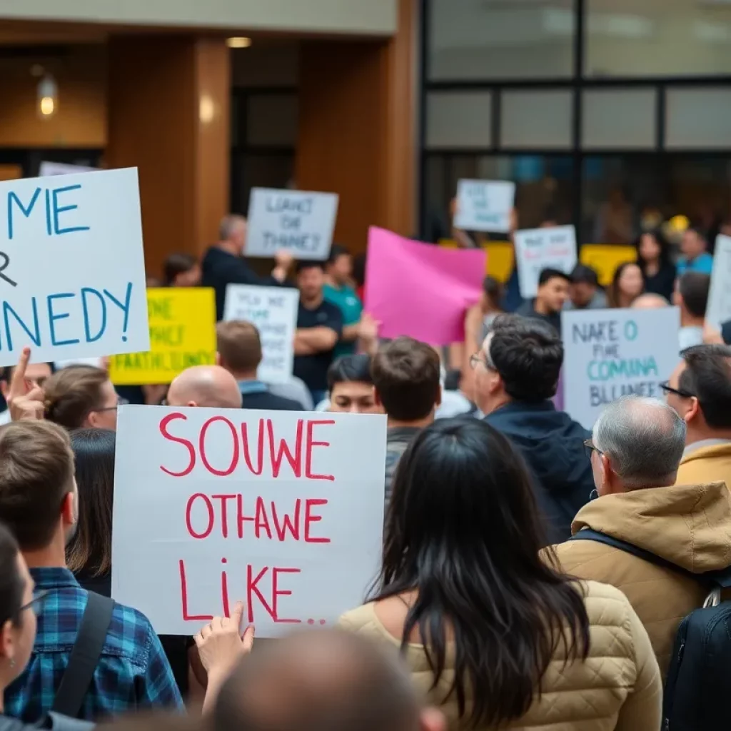 Crowd at community event with protest signs