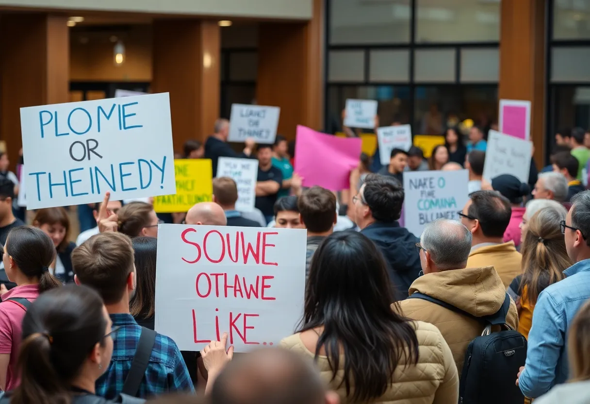 Crowd at community event with protest signs