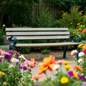 Memorial garden with flowers and a bench symbolizing peace