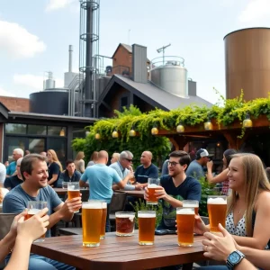 Outdoor Biergarten with craft beer drinkers