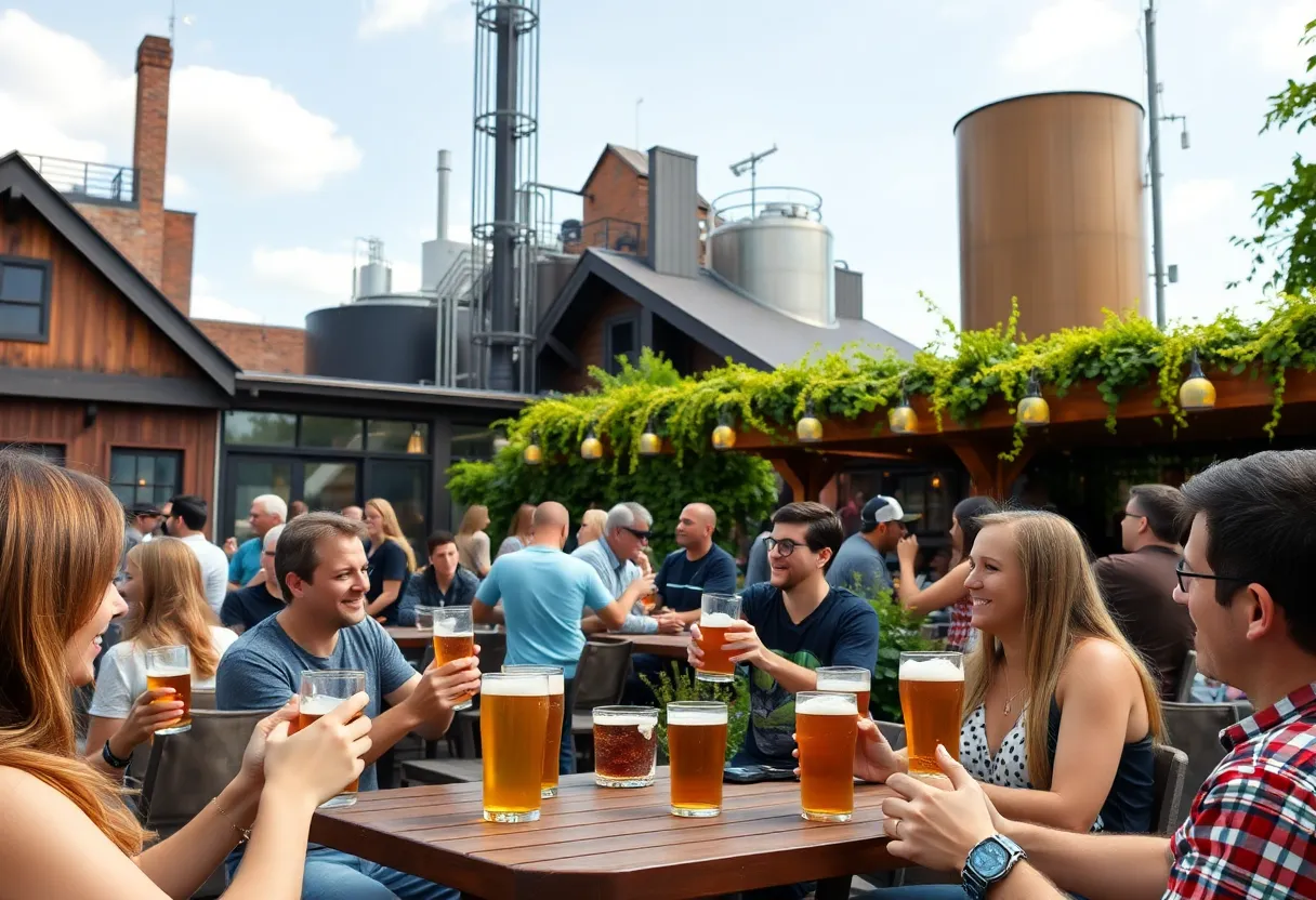 Outdoor Biergarten with craft beer drinkers