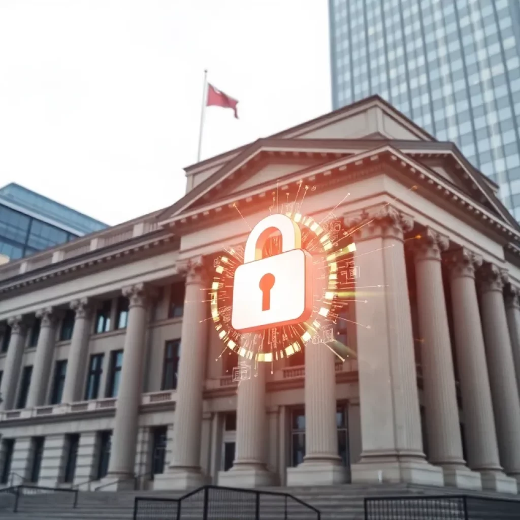 Digital lock symbol on a government building representing cybersecurity