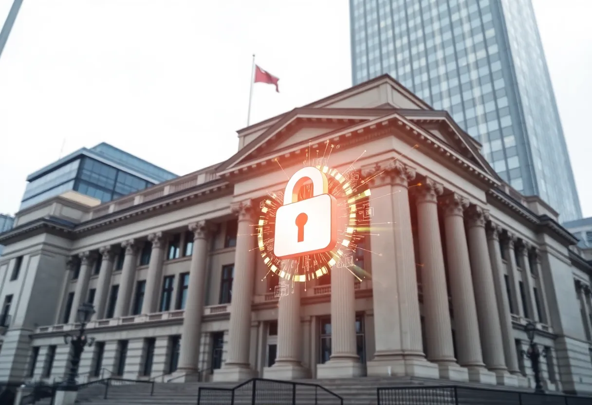 Digital lock symbol on a government building representing cybersecurity