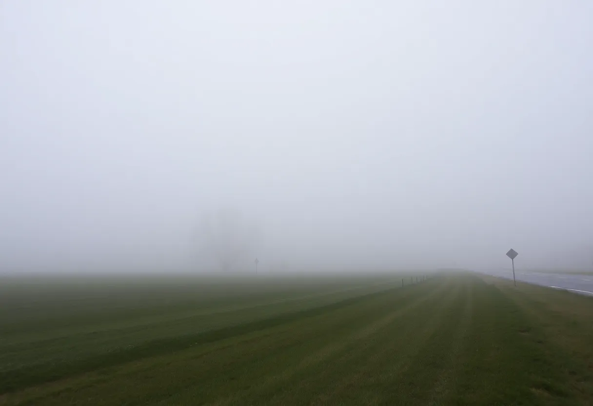 Foggy road in North Alabama during a weather advisory.