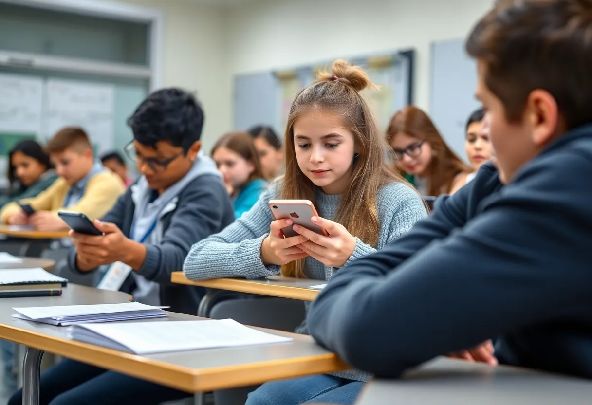 Classroom scene with students engaged in learning, no phones in sight.