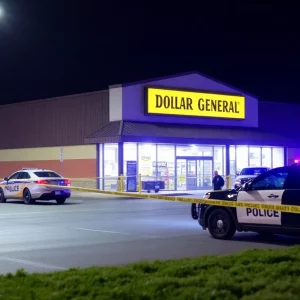Police vehicles outside Dollar General store in Huntsville after armed robbery.
