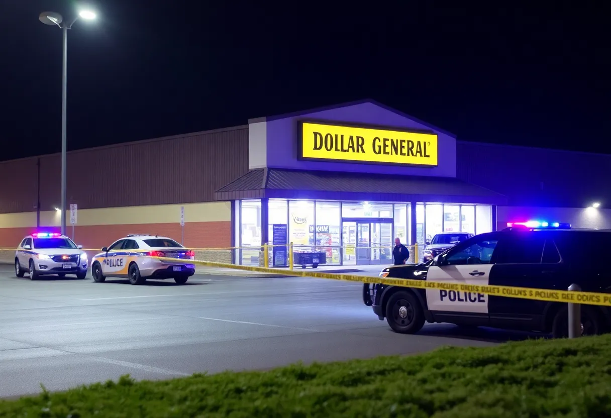 Police vehicles outside Dollar General store in Huntsville after armed robbery.