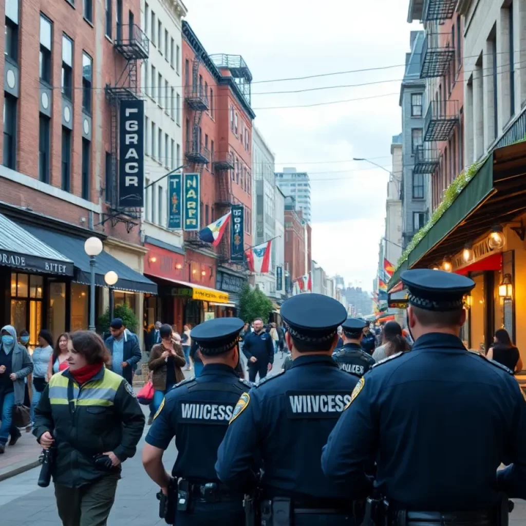 Busy downtown Huntsville with police presence after a shooting.