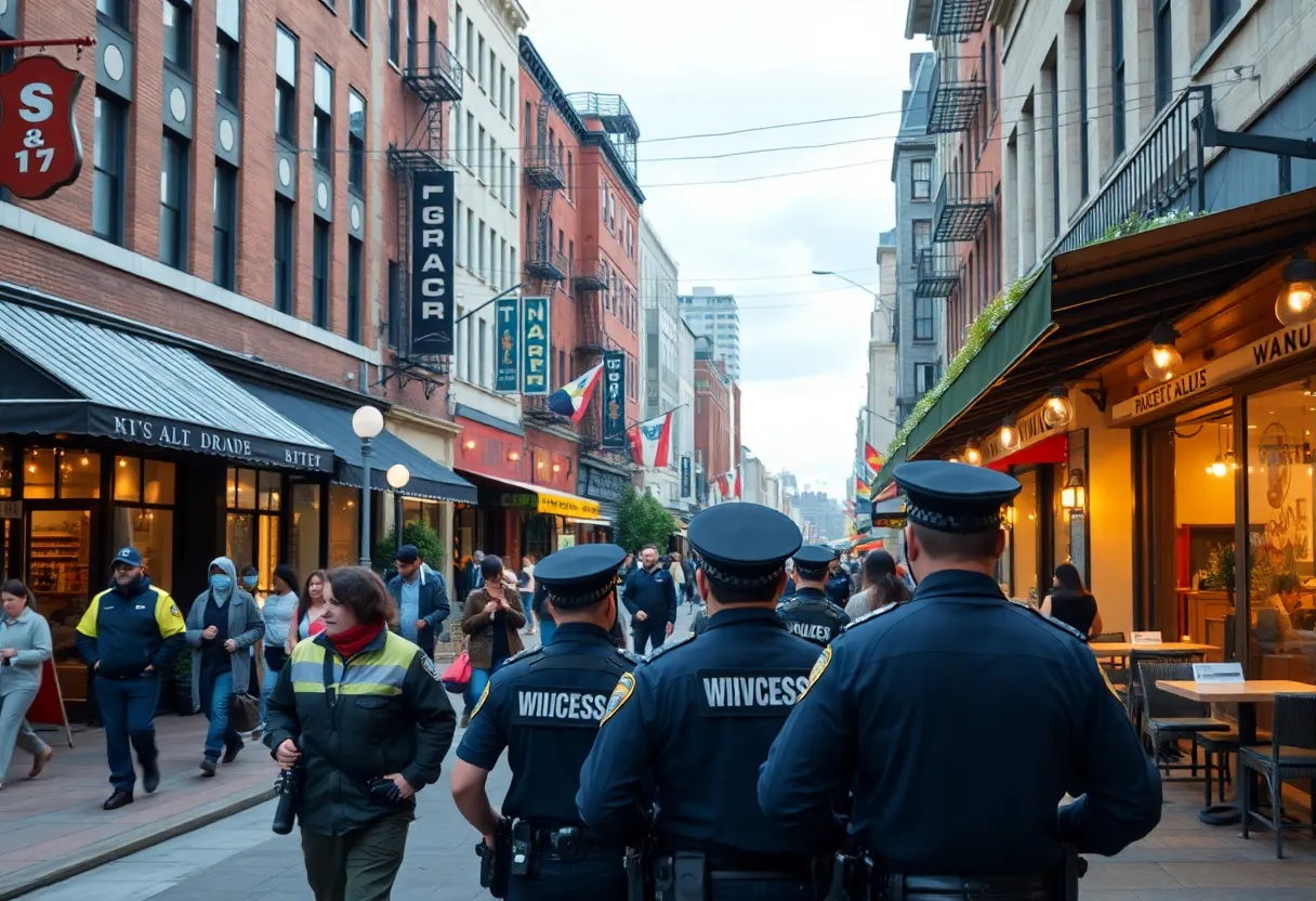 Busy downtown Huntsville with police presence after a shooting.