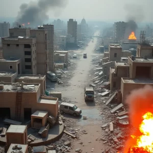 War-torn city with destruction from drone strikes