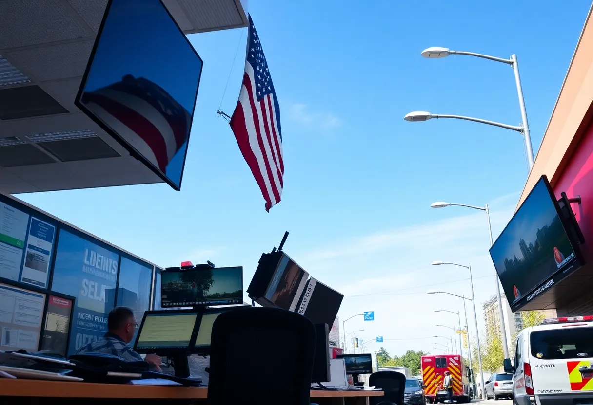Emergency personnel working in the operations center during a tornado warning