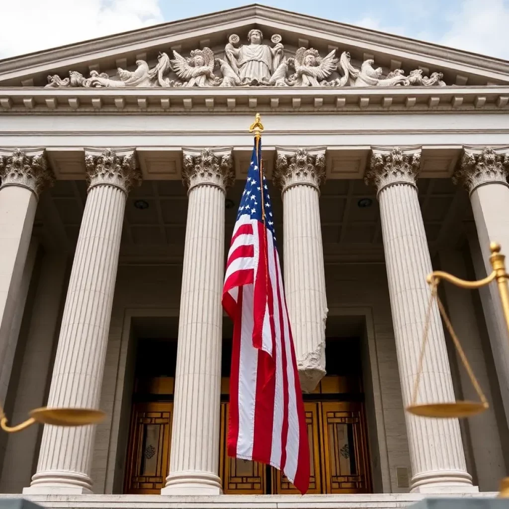 Facade of a federal courthouse with American flag