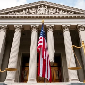 Facade of a federal courthouse with American flag